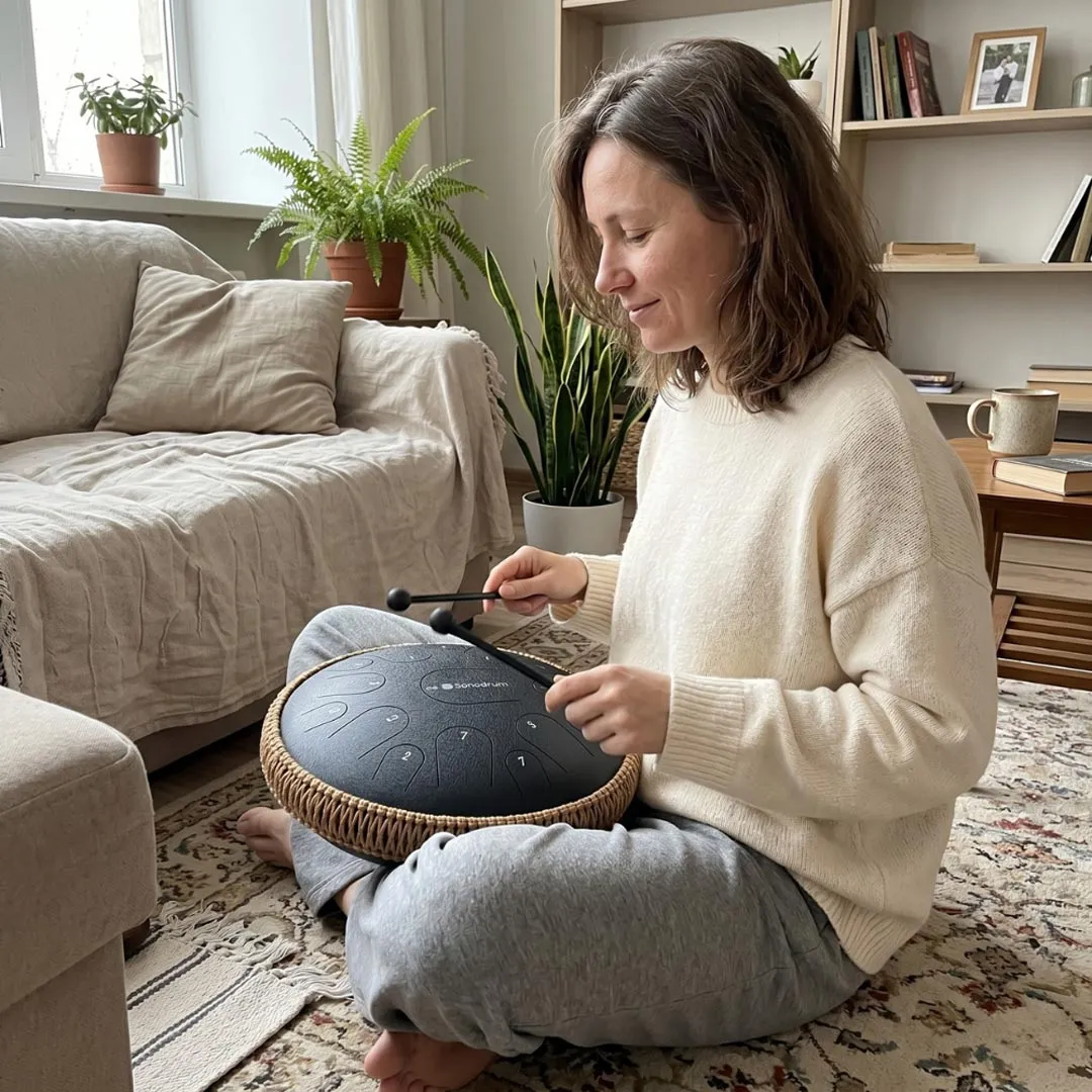 Frau spielt entspannt im Wohnzimmer auf einer Sonodrum Premium Zungentrommel